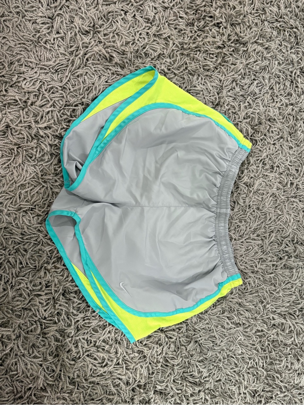 Nike Women's Gray Athletic Shorts with Neon Yellow and Teal Trim